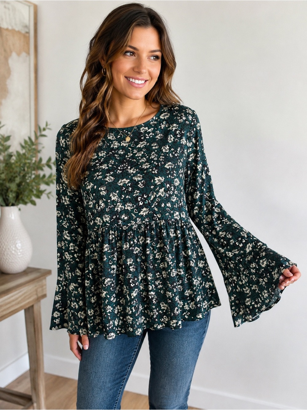 LOFT Outlet Floral Bell Sleeve Peplum Blouse | Green Boho Top | Size Medium NWT